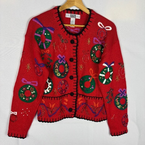 Segue Womens Ugly Christmas Cardigan Sweater Sz S Embellished Wreaths - Picture 1 of 9
